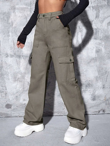 High Waist Flap Pocket Wide Leg Jeans