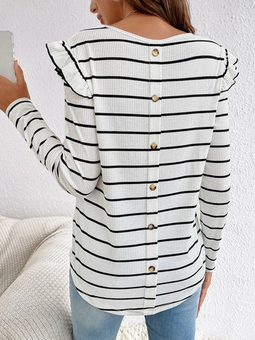 Striped Print Ruffle Trim Button Back Tee