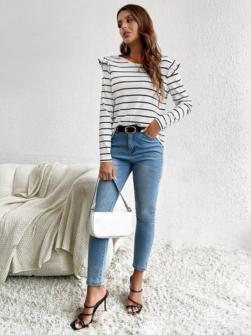 Striped Print Ruffle Trim Button Back Tee