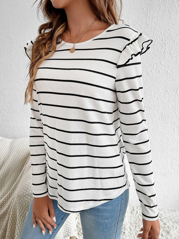 Striped Print Ruffle Trim Button Back Tee