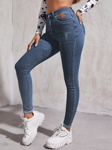 High Waist Patch Detail Skinny Jeans