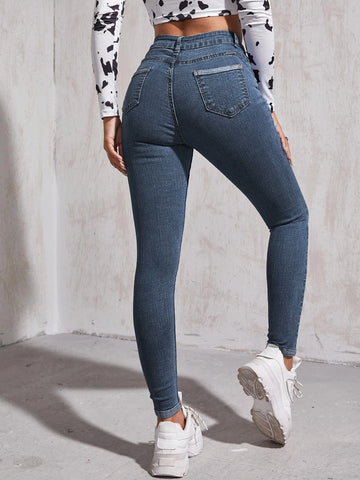High Waist Patch Detail Skinny Jeans