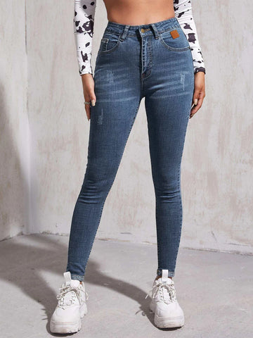 High Waist Patch Detail Skinny Jeans