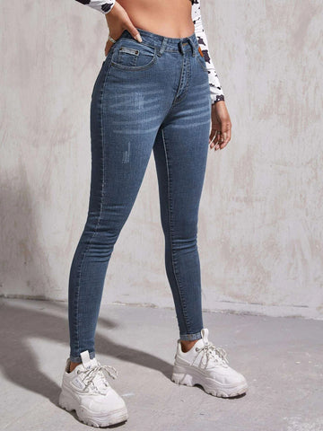 High Waist Patch Detail Skinny Jeans