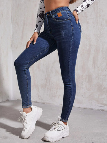 High Waist Patch Detail Skinny Jeans