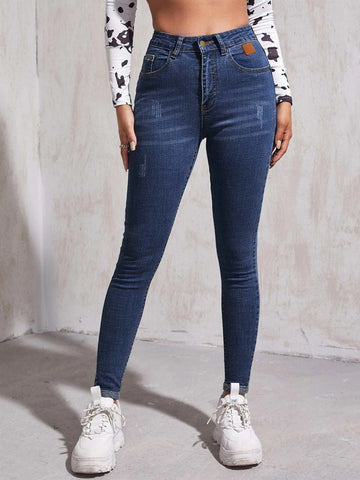 High Waist Patch Detail Skinny Jeans