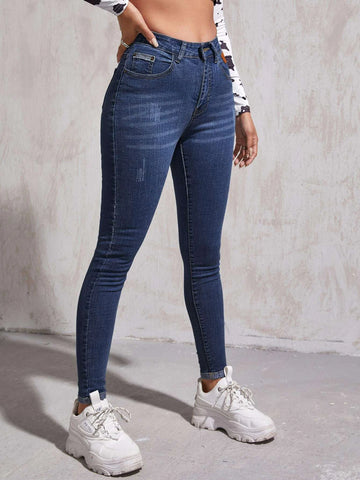 High Waist Patch Detail Skinny Jeans