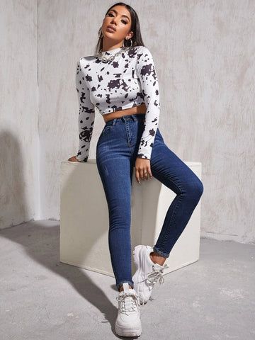 High Waist Patch Detail Skinny Jeans