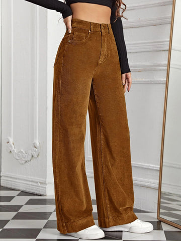 High Waist Slant Pocket Cord Pants