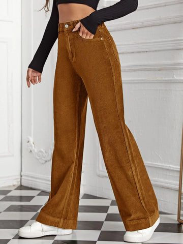 High Waist Slant Pocket Cord Pants