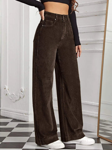 High Waist Slant Pocket Cord Pants