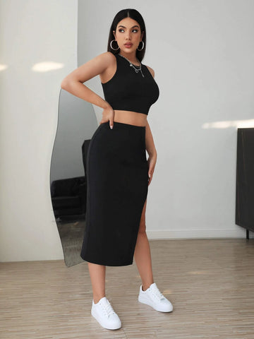 Solid Tank Top & Split Thigh Skirt