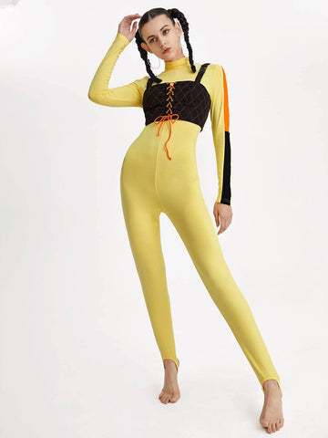 Mock Neck Lace Up Front Colorblock 2 In 1 Jumpsuit