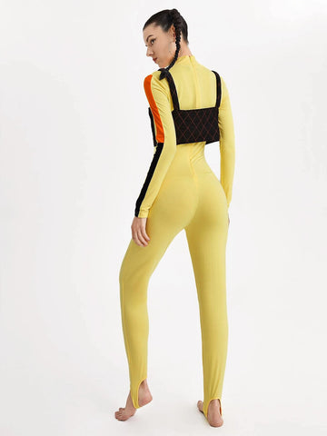 Mock Neck Lace Up Front Colorblock 2 In 1 Jumpsuit