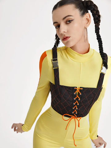 Mock Neck Lace Up Front Colorblock 2 In 1 Jumpsuit