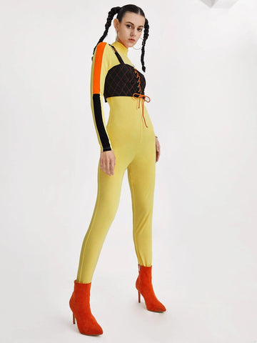 Mock Neck Lace Up Front Colorblock 2 In 1 Jumpsuit