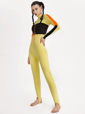 Mock Neck Lace Up Front Colorblock 2 In 1 Jumpsuit