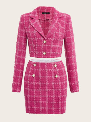 Lapel Collar Plaid Tweed Crop Blazer & Skirt