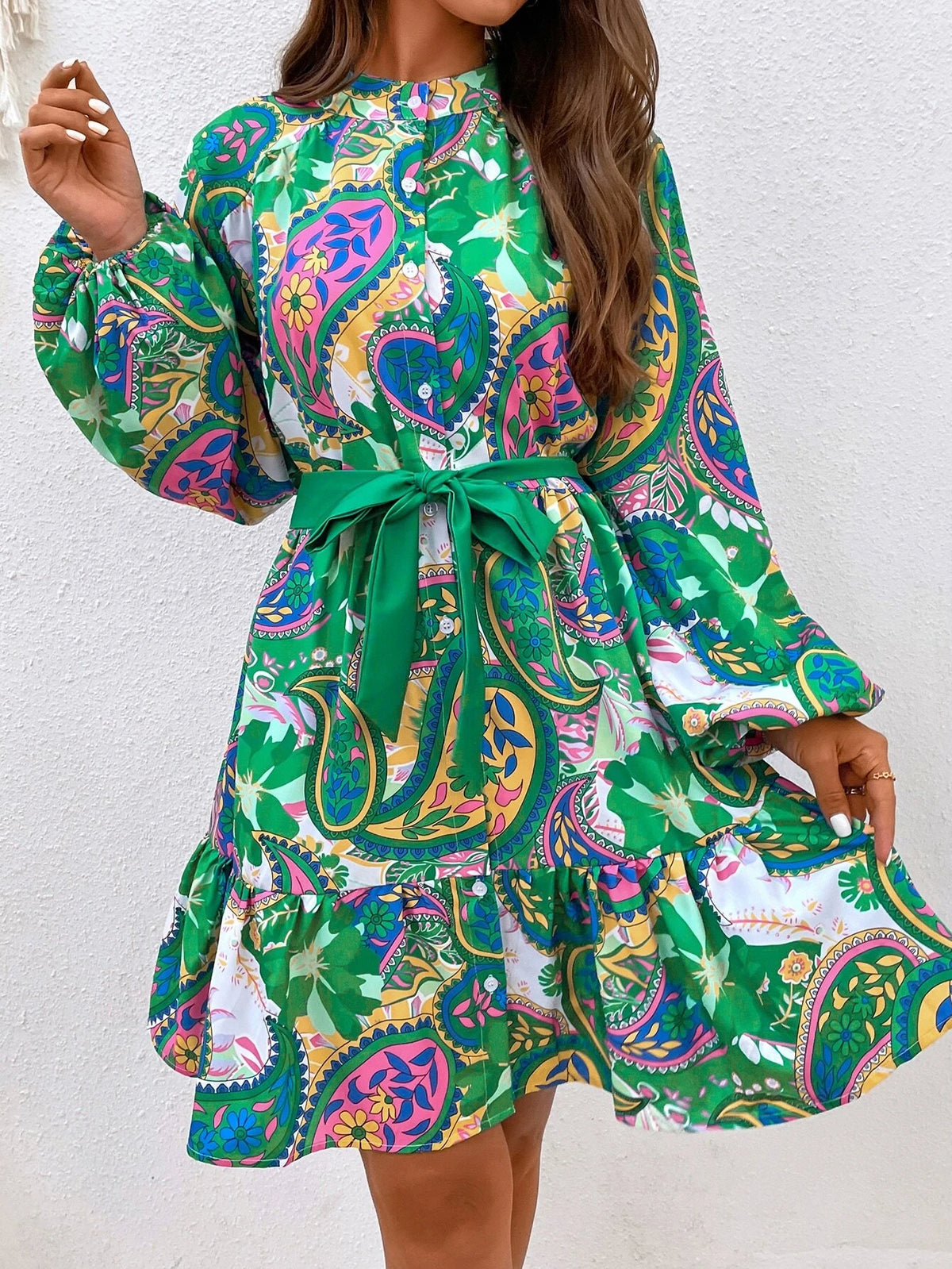 Paisley Print Lantern Sleeve Ruffle Hem Belted Dress