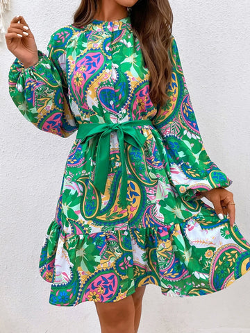 Paisley Print Lantern Sleeve Ruffle Hem Belted Dress