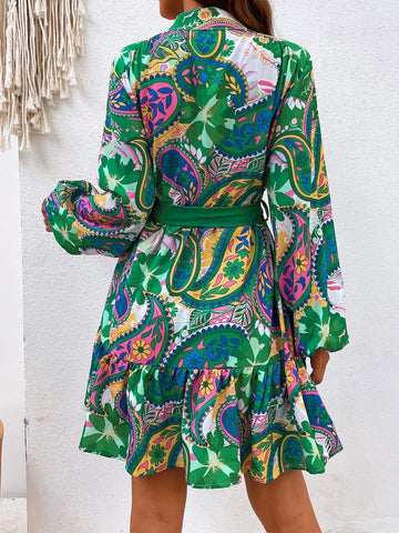 Paisley Print Lantern Sleeve Ruffle Hem Belted Dress