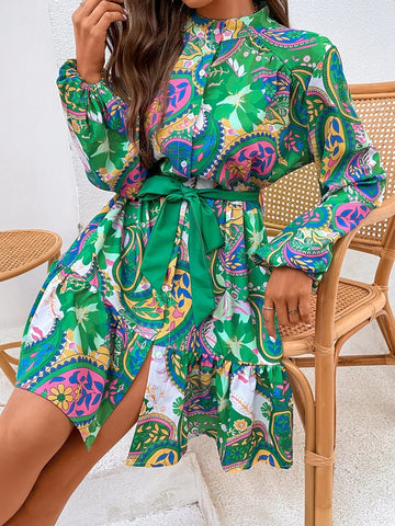 Paisley Print Lantern Sleeve Ruffle Hem Belted Dress
