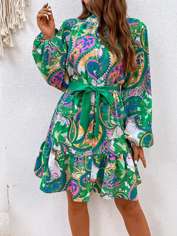 Paisley Print Lantern Sleeve Ruffle Hem Belted Dress