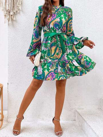 Paisley Print Lantern Sleeve Ruffle Hem Belted Dress