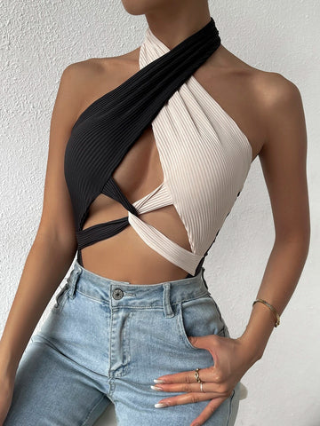 Two Tone Cut Out Twist Front Halter Neck Backless Bodysuit