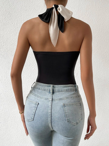 Two Tone Cut Out Twist Front Halter Neck Backless Bodysuit