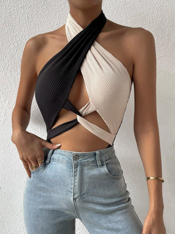 Two Tone Cut Out Twist Front Halter Neck Backless Bodysuit