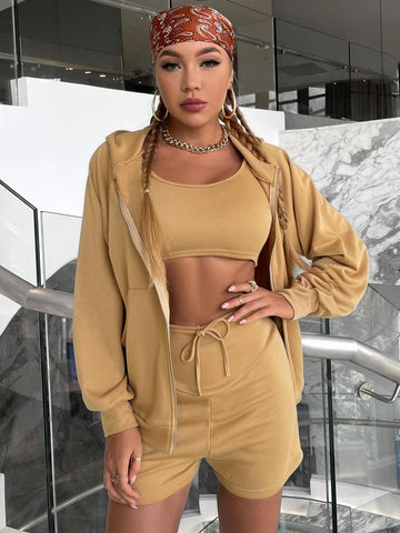 Glamaker Zip Up Drop Shoulder Hooded Jacket & Tank Top & Knot Waist Shorts