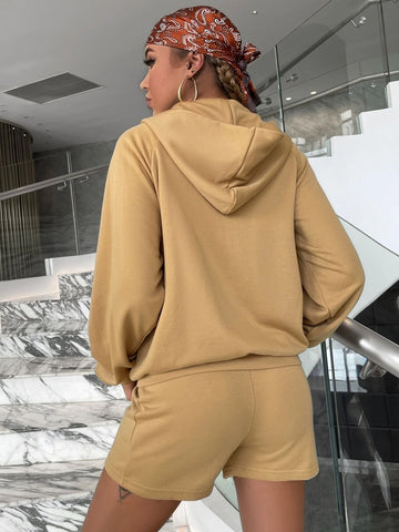 Glamaker Zip Up Drop Shoulder Hooded Jacket & Tank Top & Knot Waist Shorts