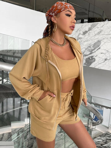 Glamaker Zip Up Drop Shoulder Hooded Jacket & Tank Top & Knot Waist Shorts