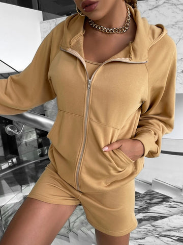 Glamaker Zip Up Drop Shoulder Hooded Jacket & Tank Top & Knot Waist Shorts
