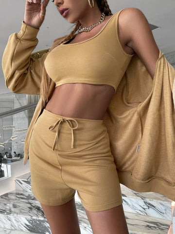 Glamaker Zip Up Drop Shoulder Hooded Jacket & Tank Top & Knot Waist Shorts
