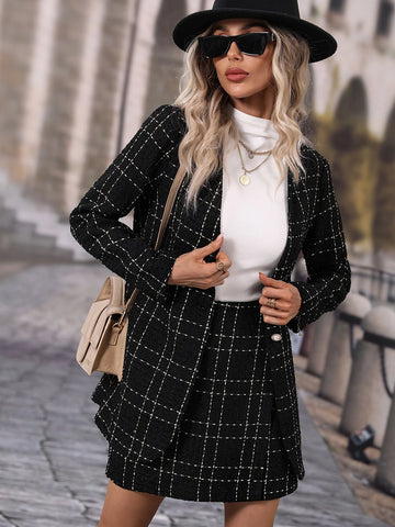 Plaid Single Button Blazer & Skirt