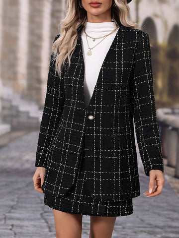 Plaid Single Button Blazer & Skirt