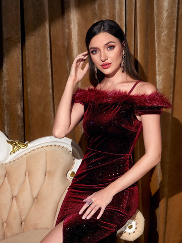 Fuzzy Trim Cold Shoulder Split Thigh Velvet Dress