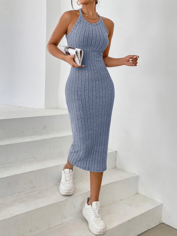 Solid Halter Neck Bodycon Dress