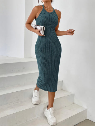 Solid Halter Neck Bodycon Dress