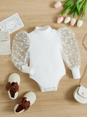 Baby Contrast Dobby Mesh Mock Neck Puff Sleeve Bodysuit