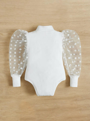 Baby Contrast Dobby Mesh Mock Neck Puff Sleeve Bodysuit