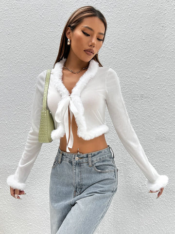 Fuzzy Trim Knot Front Crop Top