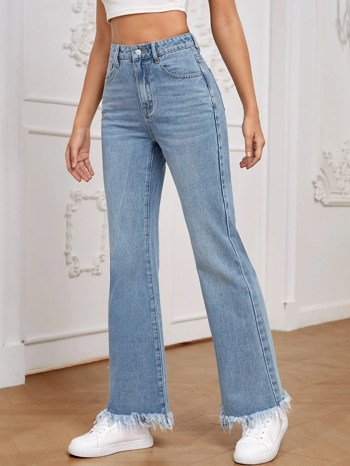 High Waist Raw Hem Flare Leg Jeans