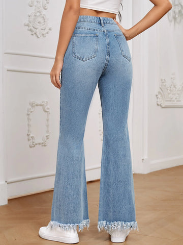High Waist Raw Hem Flare Leg Jeans