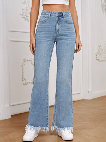High Waist Raw Hem Flare Leg Jeans