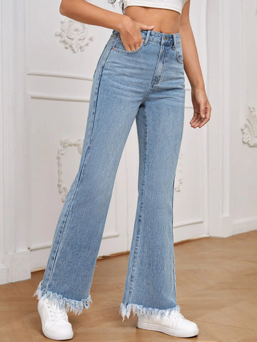 High Waist Raw Hem Flare Leg Jeans