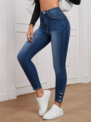 High Waist Button Hem Skinny Jeans