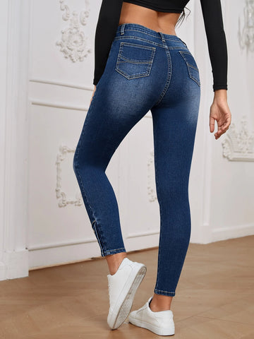 High Waist Button Hem Skinny Jeans